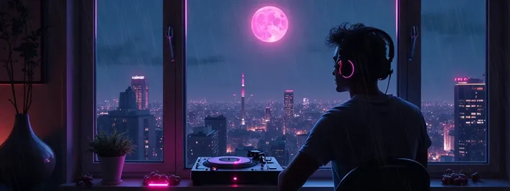 Dark lo-fi aesthetic, a cozy nighttime cityscape with neon lights, a full moon in the sky, and a silhouette of a person sitting by a window wearing headphones, listening to music. In the foreground, a vinyl record player with glowing neon accents. The atmo...