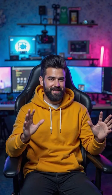 [Prompt for image]

"A young man with neatly styled dark hair and a well-groomed beard sits confidently in a gaming chair. He is wearing a yellow hoodie . His hands are gesturing expressively as he speaks, creating a dynamic and engaging pose. The backgrou...