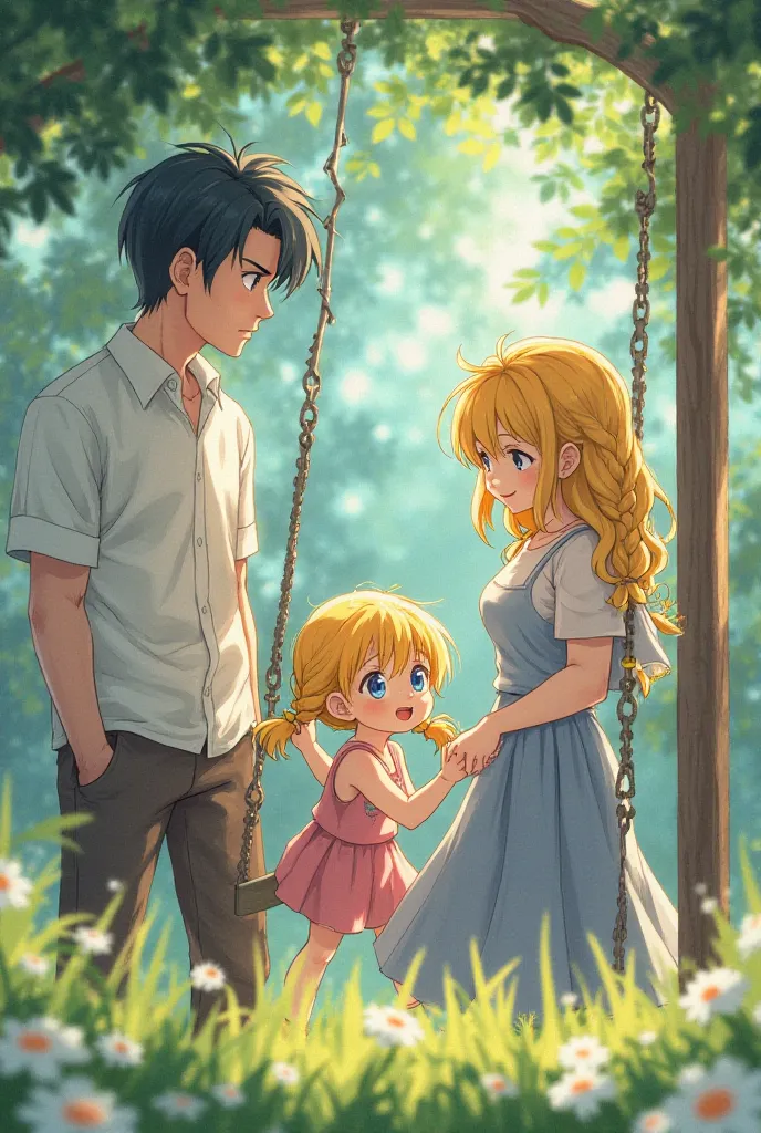 Anime girl with yellow hair in two braids and blue eyes and her mother with straight yellow hair and blue eyes playing with the girl on a swing in the park and her father watching them angrily