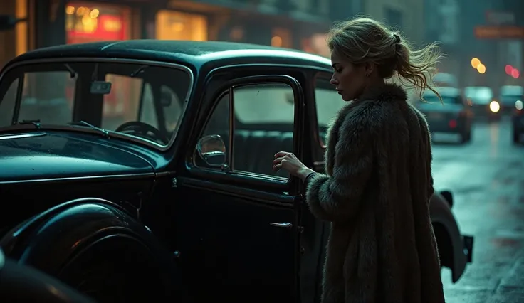 A black Bentley 1940 parked on the corner of a dark street.  The car door opens slowly , As if you were calling A woman in a long dress and a worn fur coat. The wind blows her tousled hair. Smoke comes out of the vehicle's interior, obscuring any presence ...