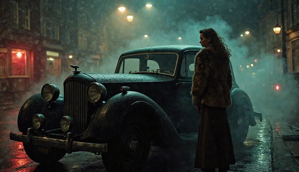 A black Bentley 1940 parked on the corner of a dark street.  The car door opens slowly , As if you were calling A woman in a long dress and a worn fur coat. The wind blows her tousled hair. Smoke comes out of the vehicle's interior, obscuring any presence ...