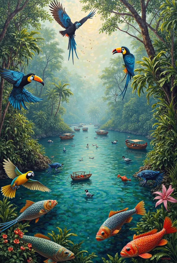 Make a painting with Amazon Fishes and Birds, such as Tucunaré, tambaqui, toucan, blue macaw, red macaw, and also boats and the encounter of the Waters, a colorful painting