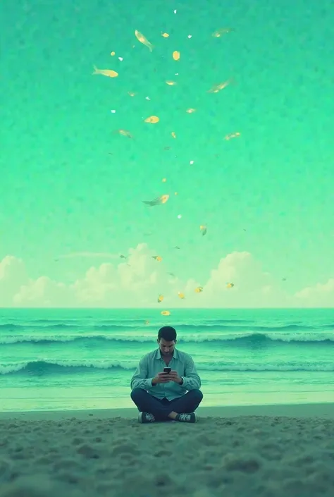 A man on the beach using his phone and waching waves green aesthetic sky and jelly fidh in the sky 