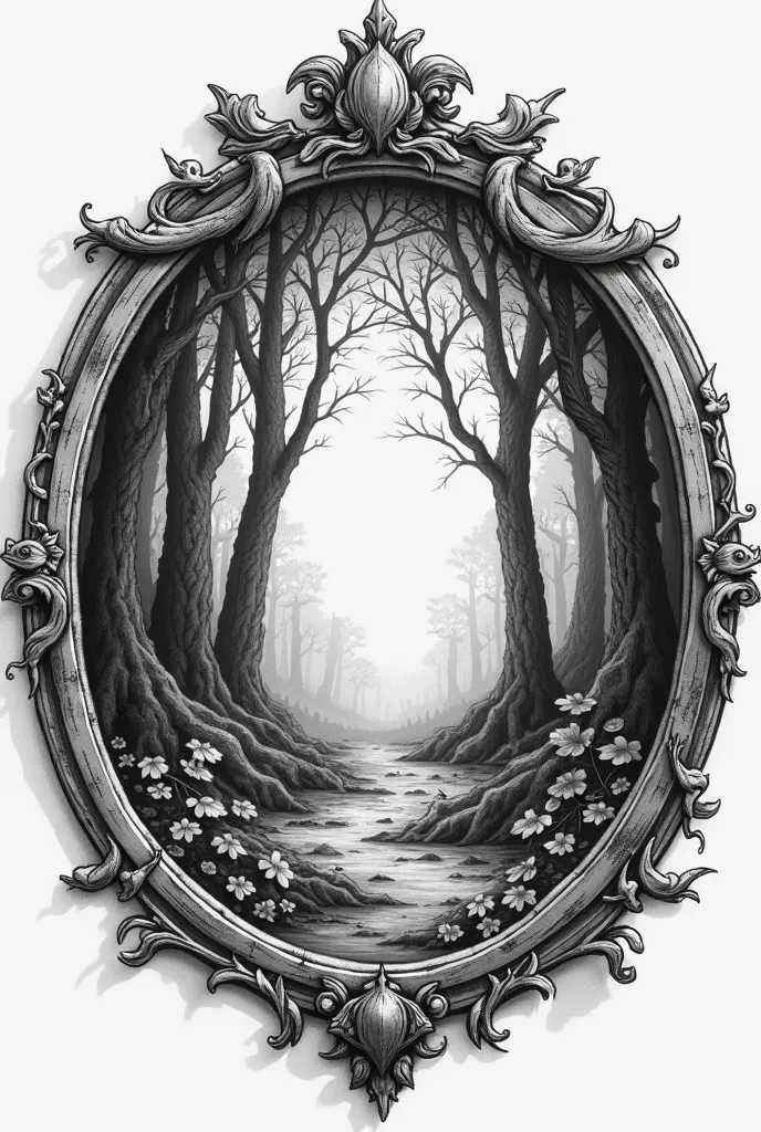 Round magic mirror with the image of a magical forest inside, in black and white, the forest should be dark, showing many trees with leaves, the mirror on the outside should have some small fantasy animals around the mirror frame. Let it be a drawing