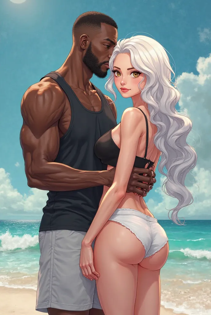 black african man, wrinkled , skinny holding beautiful anime lady's ass, bright white skin , black tank top,  white shorts, White hair, flashy pussy, big breasts