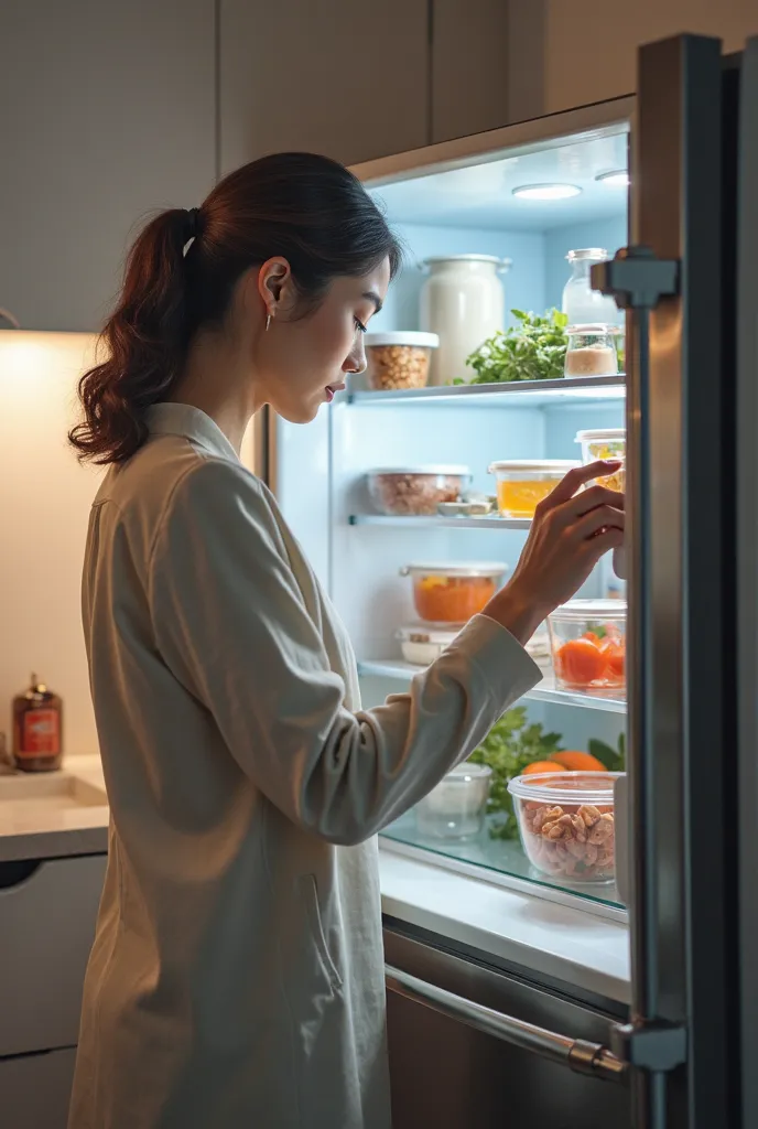 Lady putting things inside refrigerator 