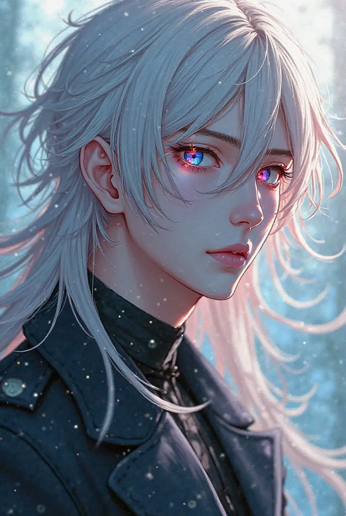 Looks like an anime of a handsome man with long white hair and different eyes 