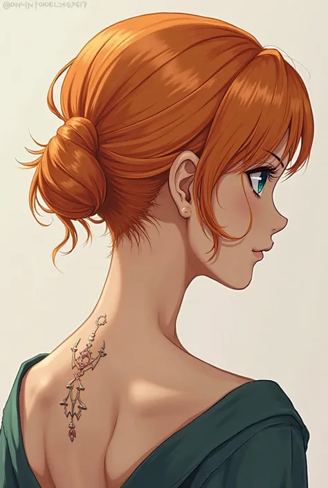 nami from one piece her nape is shaved with razor and she tied her hair we can see her nape from behind