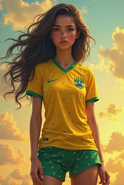 A  , half brunette , with big hair , black eyes , with 1.57 tall , with a Brazil jersey and short shorts 