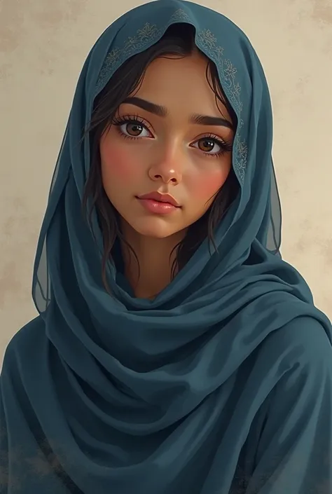 Generate a girl with a veil Mulsuman her dark blue veil mixed skin brown eyes animated the drawing 