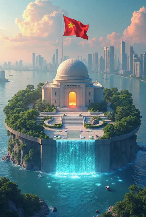 "Design a creative 3D image, recreates the Ho Chi Minh Mausoleum at Ba Dinh Square, Hanoi, like an island floating in the middle of the ocean, but with a fantastical and surreal style.

Details needed:
Mausoleum in the center: Remains the square architectu...