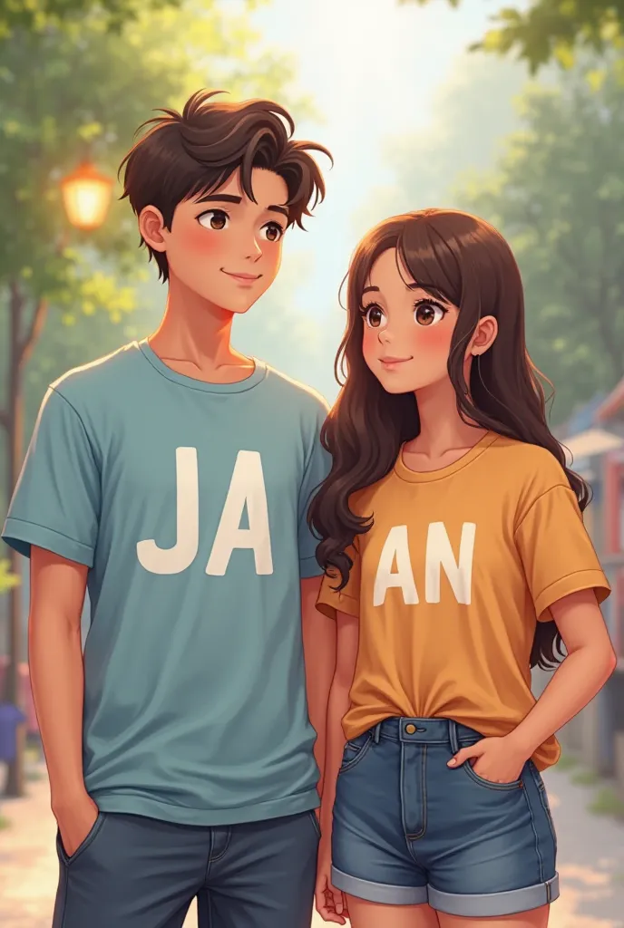 A boy whose t shirt write ja and a girl whose t shirt write an. Both are 18 year old