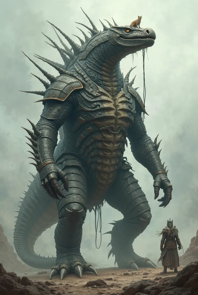 A large, armored 6-legged dragon who has a cat on his chest, spikes running down his back, and a drill-like tail. The dragon has a massive cannon attached to the top of its head with webs of skin.