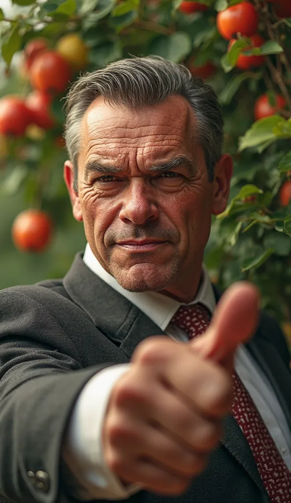 A close-up of the rich man’s face, smirking arrogantly, with tall trees and ripe fruits behind him as he gestures proudly toward his wealth.
