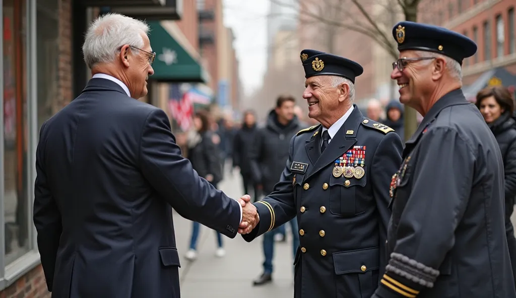 The mayor shaking hands with the veteran and the barber – A well-dressed mayor standing on a busy city sidewalk, shaking hands with the newly groomed veteran and the barber. A small crowd gathers, watching with curiosity and admiration.