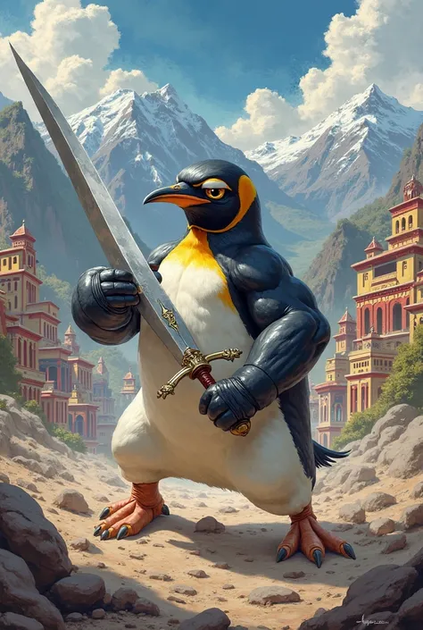 a muscular penguin fighting with a sword destroying Peru