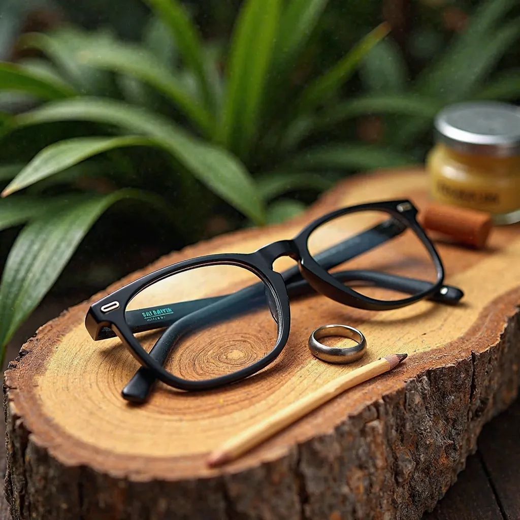 "Create a vibrant and tropical-themed photo featuring a pair of stylish glasses and a men's ring placed on a wooden surface with lush green leaves or tropical plants in the background. Use natural, warm lighting to highlight the textures of the wood and th...