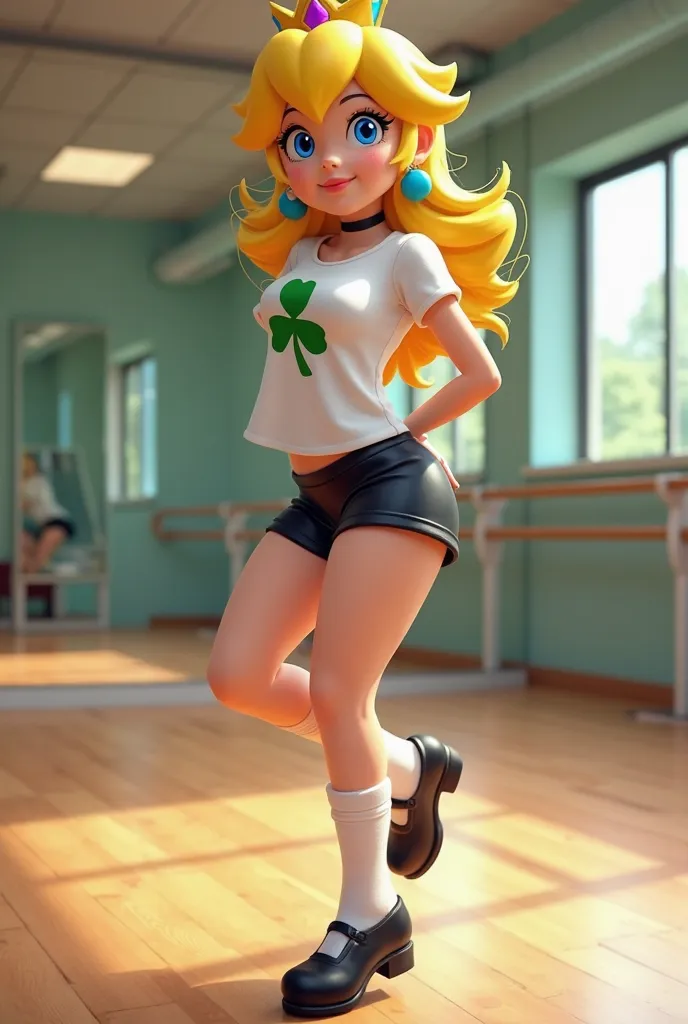 Princess peach in a white tshirt with clover, black leotard bottoms, white socks, and black leather tap shoes, hands behind back, jumping, practicing tap dancing in a dance studio
