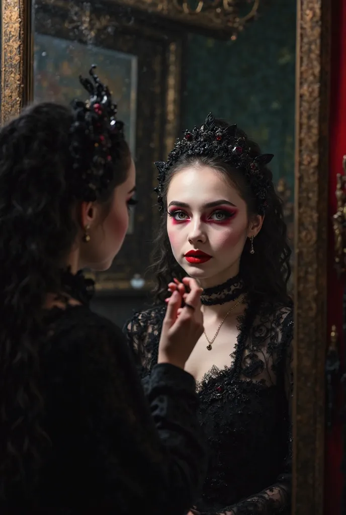 "A young girl sits in front of a mirror, applying makeup carefully. As she adds each layer, her face slowly transforms—her eyes become sharper and glowing red, her skin turns pale and flawless, and her lips darken into a deep crimson. By the time she finis...