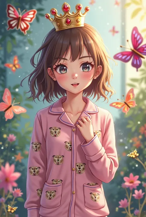  Izabela in an Isekai world with a queen's crown wearing pajamas with dog pajamas and colorful butterflies around her cute anime style 