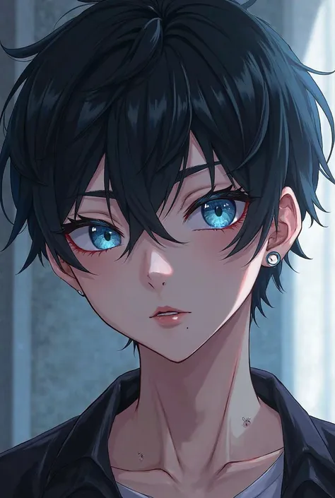 Boy with black hair and light blue eyes, He has a sleeper build, has one eyebrow piercing and one lip piercing,  Her skin is pale . (Anime style) 