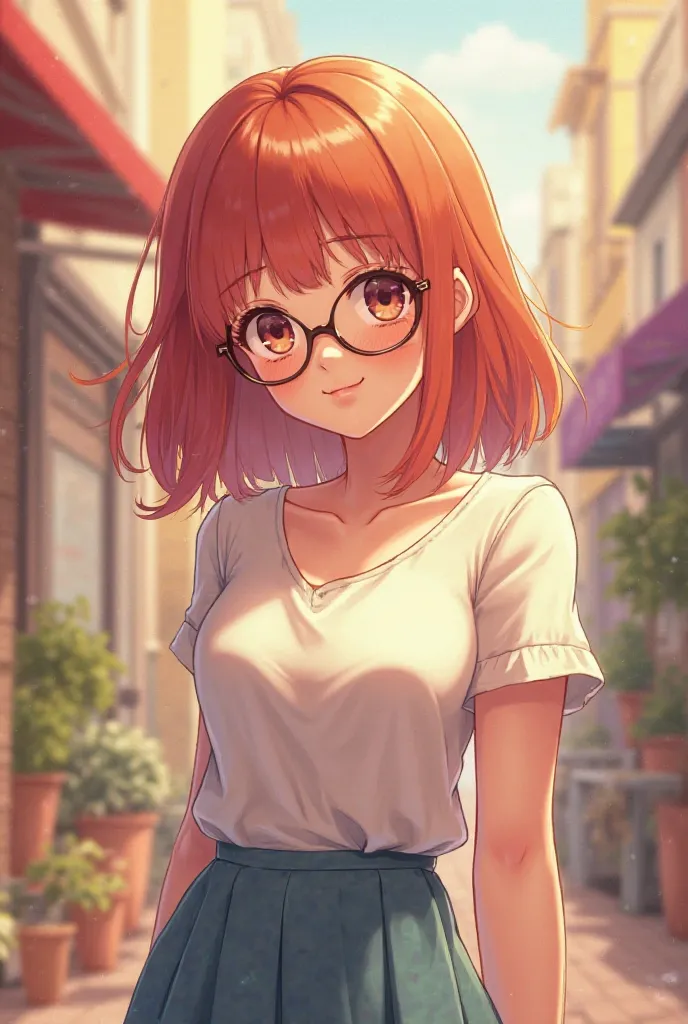 A girl in anime with medium hair and bangs, light red, She's not thin and has slightly chubby curves, She wears glasses and is busty