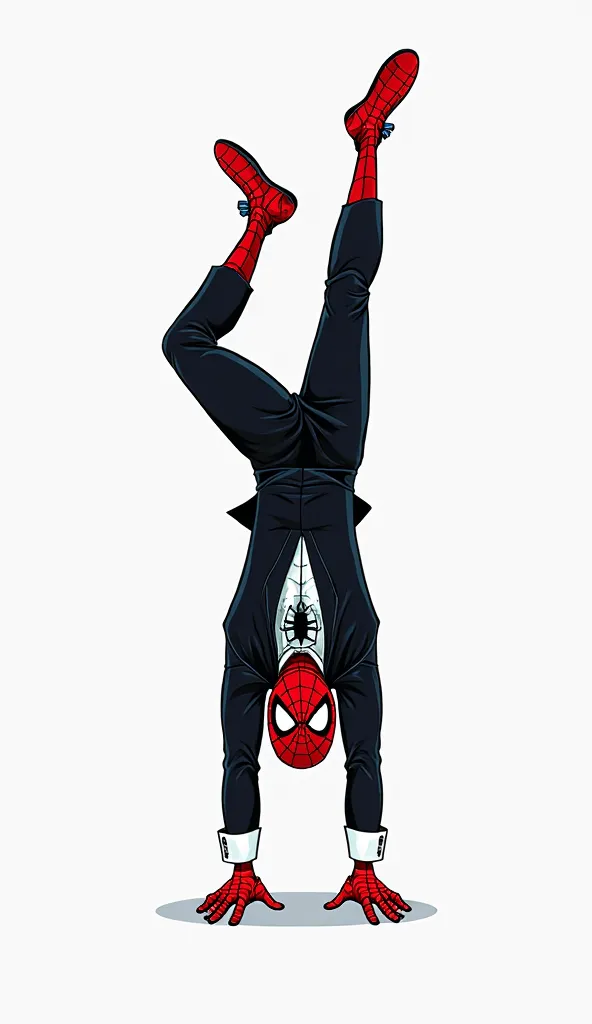 A stylized illustration drawn inspired by Spider-Man at his wedding. The groom wears a classic black tuxedo with clear Spider-Man details such as red and blue web patterns on the jacket, cuffs and tie. He is balancing upside down with his legs extended in ...