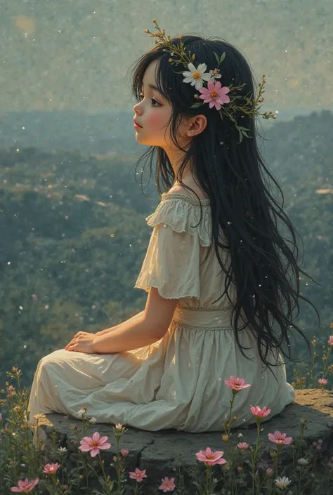 girl pretty face upturned nose, smooth and pale skin very long black hair with a few flowers on top she has a dress as soft as silk with a few flowers on top, thoughtful but happy look, sitting on a stone looking at the horizon landscape must be simple, th...