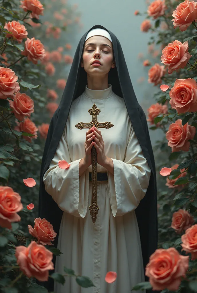 Nun with a crucifix and roses on her robe