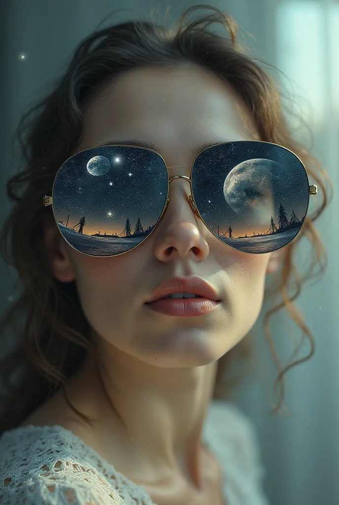 The model is wearing a realistic photo of a naked woman wearing glass sunglasses with stars and the moon on the glass