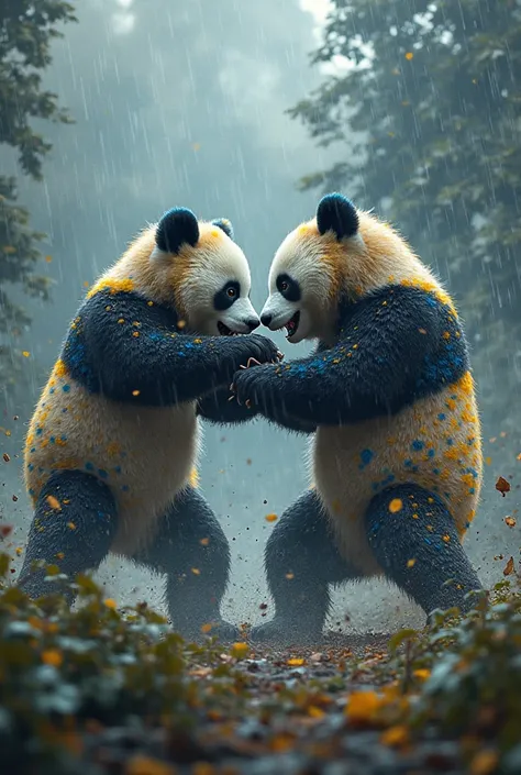 Make me a video of two pandas with blue and yellow spots fighting in a storm
