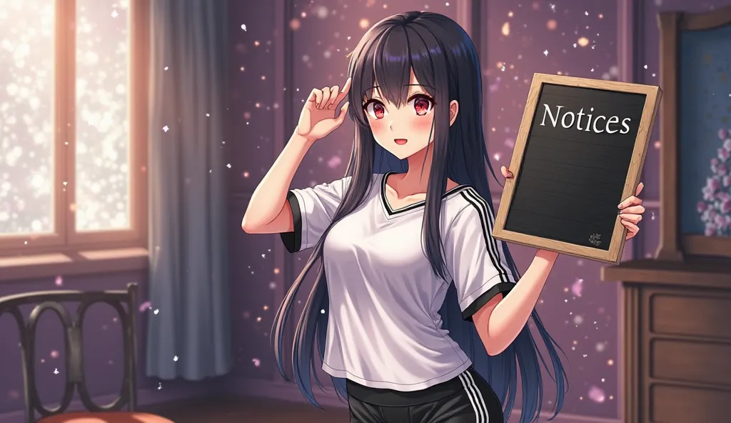  An anime girl with long, straight black hair , The bangs with their eyes are red ,  with a short white t-shirt with black lines on the sleeves, sports-style,  That highlights a prominent and noticeable and sexy bust,  combined with tight black shorts that...