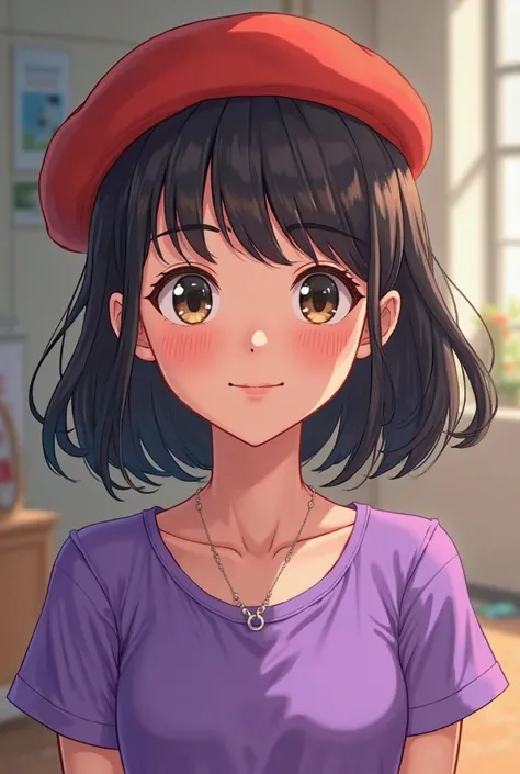 Draw a school girl with red hat, purple t-shirt. Portrait mode