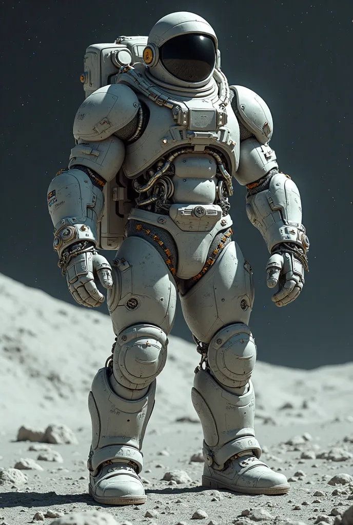 futuristic astronaut, standing on lunar soil, muscular body of a gray monster, robotic parts on arms and legs, mystical bracelets on wrists, futuristic pants, futuristic shoes.