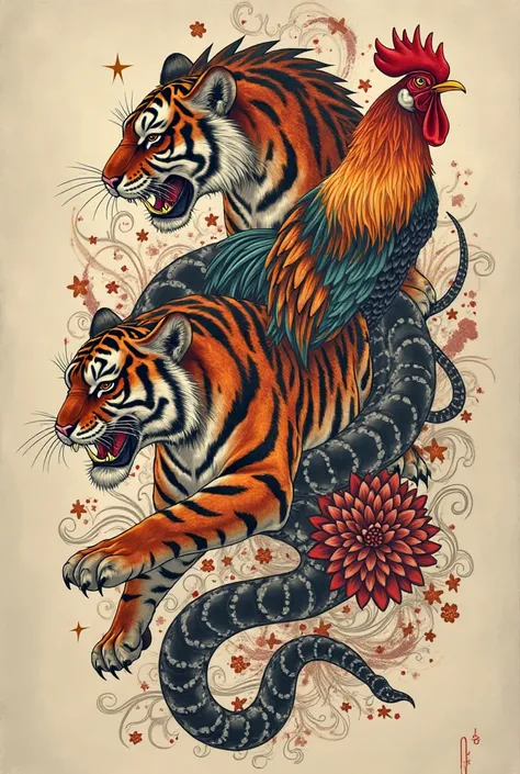 Create a back tattoo that contains a tiger, chicken and a snake