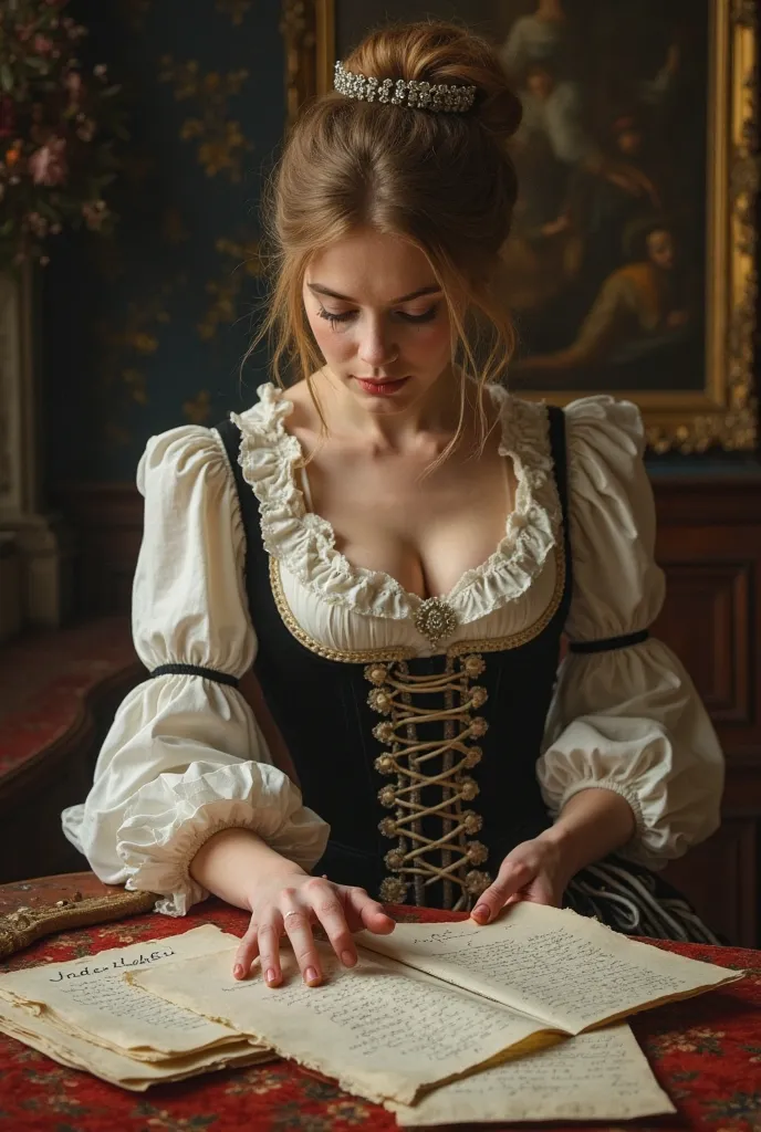 An aristocratic English countess in 19 th-century standing near a table, leaning and looking to a letter  close on the table