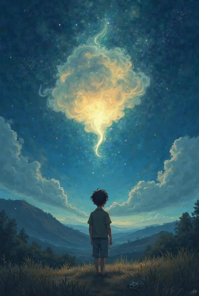 Ali was a  who loved watching the stars before sleeping. One night, he saw a strange glowing cloud in the sky. As he was about to sleep, the cloud slowly came down and stopped near him.