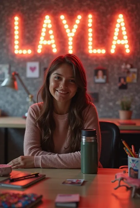 A girl is hosting a meet-and-greet. She is a famous figure skater and is Hispanic. 

During the meet-and-greet, she sits behind a desk in a comfortable chair. On the desk are her Stanley Tumbler, some pens, and pictures of herself. And behind her LED light...