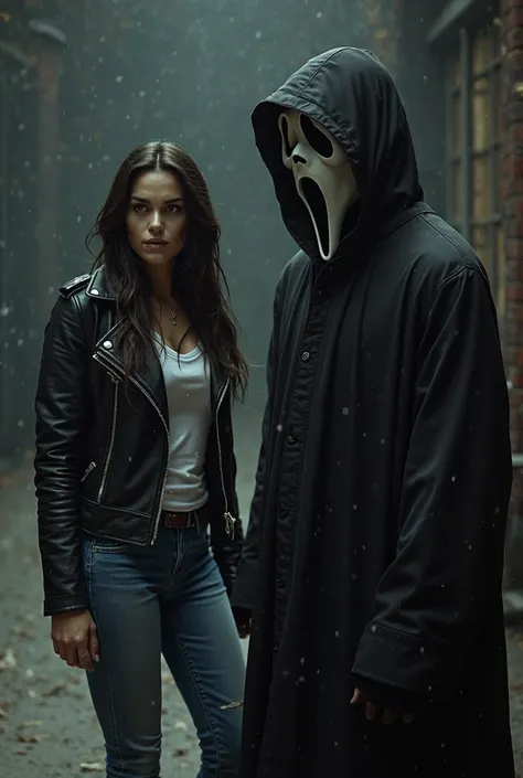 Megan Fox wears a black leather jacket with a long sleeve white winter shirt and blue jeans and faces the horror movie character Scream