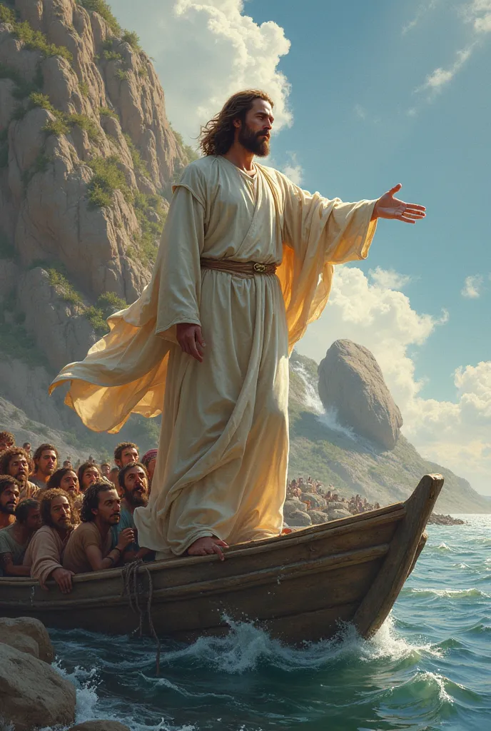 Jesus Christ, looking forward,  on a boat, Saving , a crowd of people, A rock rolling down the hill 