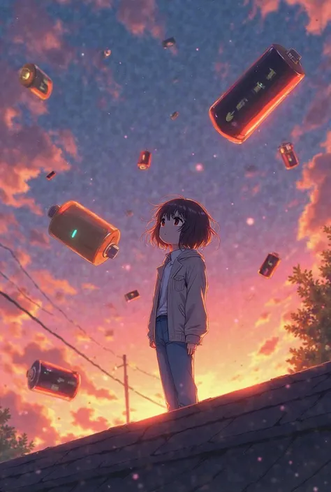 Here is a detailed description for the image:

"An anime girl is standing on the roof of her house at Dusk. His hair is ruffled by the wind and he wears casual clothes,  like a light jacket and jeans . His expression is astonishing as he observes the sky. ...