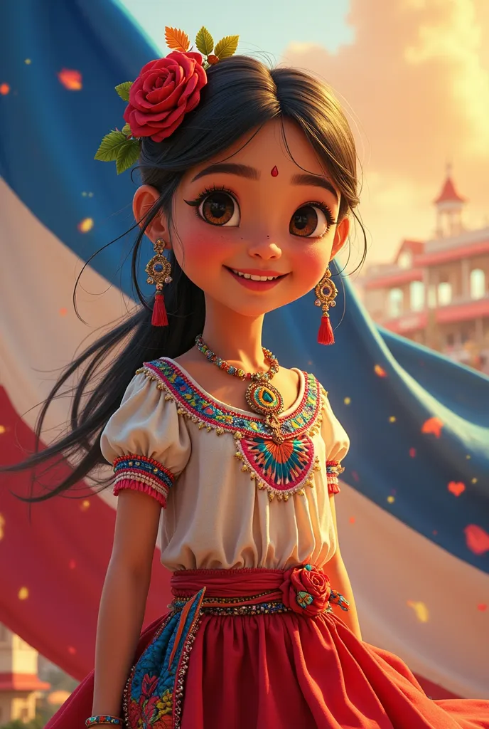 Animated image of a Salvadoran girl wearing a Salvadoran costume and an extended Salvadoran flag
