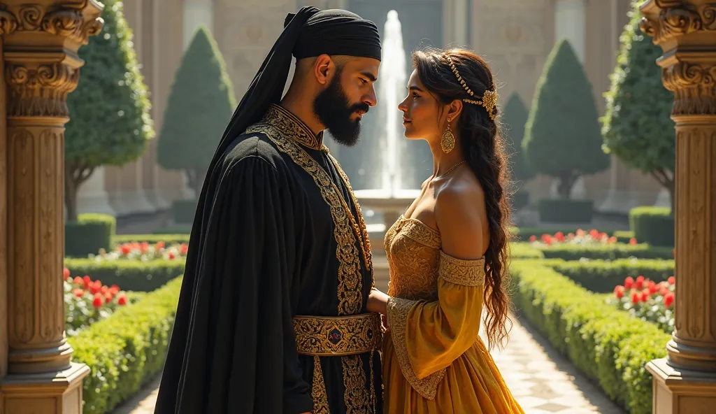 "Sultan Suleiman meddia hair and Hurrem Sultan in an intimate moment, his black robe contrasting her lavish golden dress, as they share a deep conversation in the palace gardens." Sultan Suleiman Consistent Prompt:** - **Face:** Strong features, deep brown...