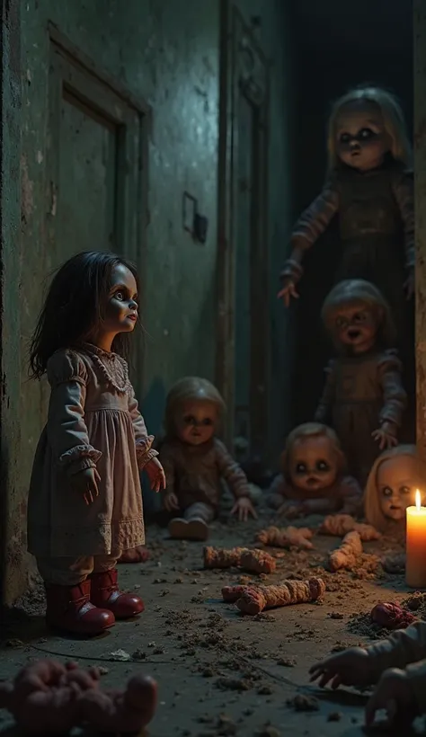 Picture of a dark room filled with old dolls scattered everywhere. One of the dolls stands in the corner, with sinister features and glassy eyes that reflect the dim light of a nearby candle. The atmosphere is full of mystery, horror, and walls