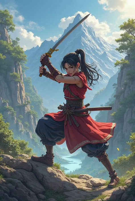 anime fighting girl, stark look, Determined posture, armed with a samurai sword, fights mountains in a fantastic landscape, lake , trees,  rays of sunshine , soft lighting, гипер-реалистичный цифровой art,photorealistic, Highly detailed,  elaborate texture...