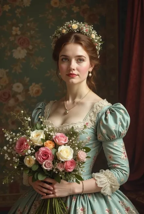 An aristocratic English countess in 19 th-century holding bouquet of flowers