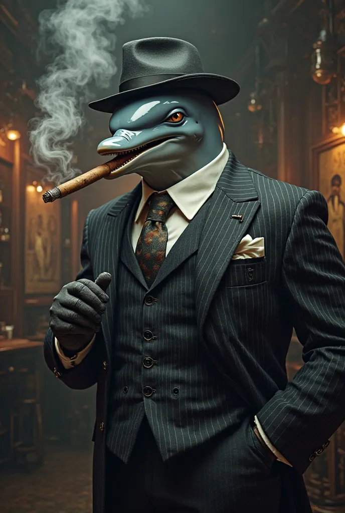 Create a dolphin dressed as a cigar smoking mob boss