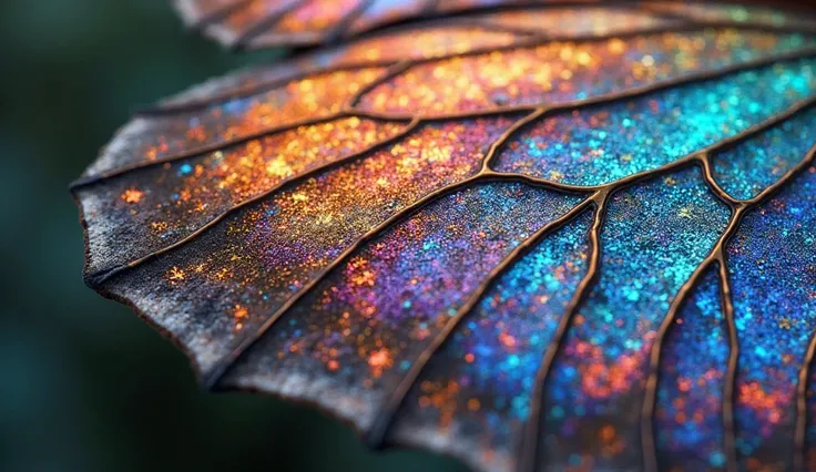 An ultra-detailed close-up of a butterfly wing with vibrant, shimmering colors."