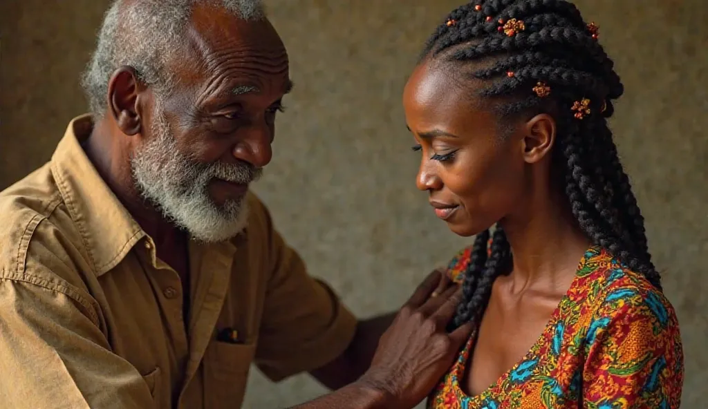 Baba Kunle tapping Sade's shoulder while smiling.
Baba Kunle is an elderly African man with deep brown skin, a neatly trimmed beard, and kind but tired eyes. 
Sade is a young African woman with glowing dark skin, braided hair adorned with beads, wearing a ...