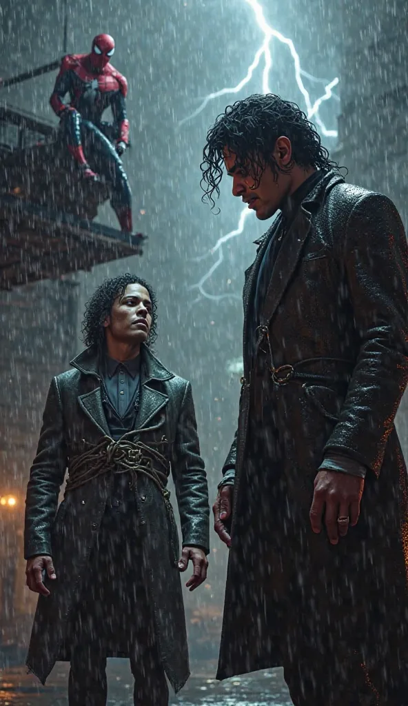 MJ wearing over coat is sitting tided with ropes as a slave  venom is standing near him and spiderman in seeing all the scene from the top in a thrilling rainy night 